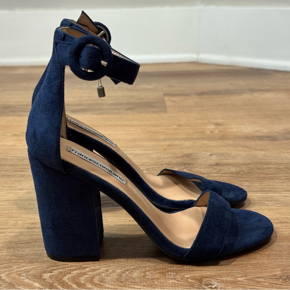 NEW Francesco Milano Navy Suede Ankle Strap Block Heels Size 37/7